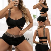 Sexigt tvådelat bikini-set med kontrastfärg och självknytande design
