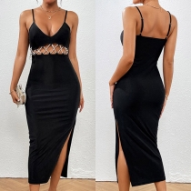Sexig V-ringad Rhinestone Chain Kors och Tvärs Skuren Slits Bodycon Klänning