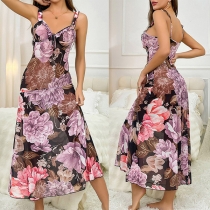 Sexig blommig V-ringad rygglös pyjamasklänning