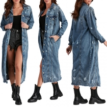 Rippad långärmad jeansjacka vindjacka cardigan mantel