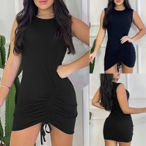Mode Bodycon Klänning med rund hals och ärmlös design framifrån med dragsko
