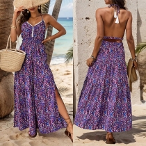 Bohemian stil blommig tryckt V-ringad Halter Neck Backless Slit Maxiklänning