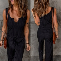 Mode enfärgad V-ringad ärmlös dragsko Ribbad Jumpsuit