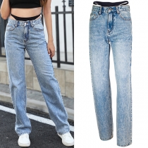 Gatumode Fake-tvådelade jeans med raka skurna gammaltvättade jeans med trosor skarvade längs midjan