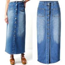Street Fashion, Främre Knappar, Ryggslits, Patchfickor, Höga Midjan, Slitna Jeanskjol