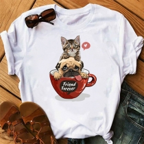 Avslappnad rundhalsad kortärmad T-shirt med tecknat djurkatt- och hundtryck