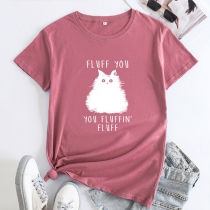 Fluff You Cat Print rundhalsad kortärmad lös T-shirt