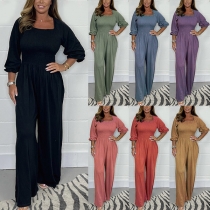 Färgad fyrkantig hals Jumpsuit med vida ben