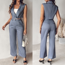 Chic tvådelat set med tryckt mönster, innehållandes en crop top och raka byxor