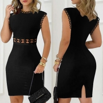 Sexig spets skarvad ihålig mock hals ärmlös slits Bodycon klänning.