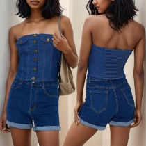 Rue de la mode Tunique Denim Courte smockée sans bretelles à boutons sur le devant