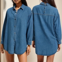 Modest krage långärmad jeansblus med knapp