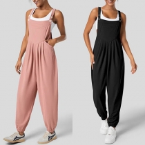 Casual Jumpsuit med enfärgade Patch Plisserade Fickor