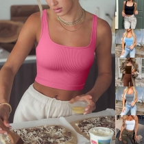 Mode fyrkantig hals Ribbed Crop Linne