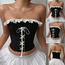 Sexig spetsskarvad spetsbandslös Bandeau Crop Top