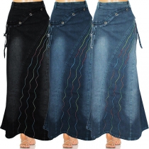 Street Fashion Wave Printed Fishtail Hemline jeanskjol