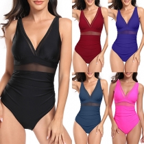 Sexig halvgenomgående Gaze Splits V-hals Rygglös Simning Monokini