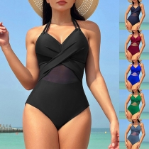 Sexig Splitsad V-ringad Ärmlös Halterneck Simning Monokini