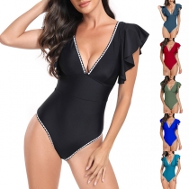 Mode kontrastfärg V-ringad volang ärmlös Monokini
