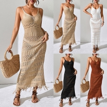 Mode Hollow Out V-ringad ärmlös tofs Cami Maxi Dress