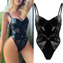 Sexigt PU-läderhängsle i ett stycke Push-Up spetskorsett med genomskinligt material