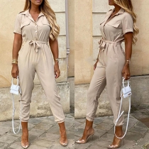 Fashion Stand Krage Kortärmad Knapp Självknytande Jumpsuit