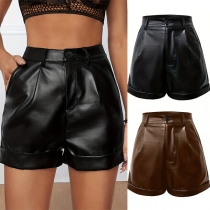 Street Fashion High-rise PU-shorts i konstläder
