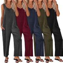 Casual enfärgad rund hals ärmlösa sidofickor Rak skuren Lös Jumpsuit