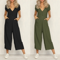 Casual Enfärgad V-ringad Kortärmad Jumpsuit