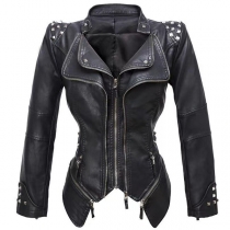 Swallowtail Slim Waist Motorcykel PU-läderjacka med nitdetaljer