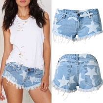 Fashion Star Printed Frayed Hemline Gammalt tvättade jeansshorts
