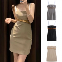 Fashion Contrast Color Square Neck Bodycon Klänning med bälte
