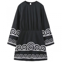 Vintage blommig broderad rund hals långärmad lös klänning