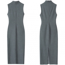 Elegant Mock Neck Ärmlös Back Slit Suit Klänning