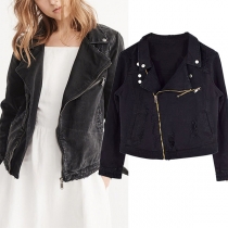 Street Fashion Notch Lapel Slant Zipper Jeansjacka med långa ärmar