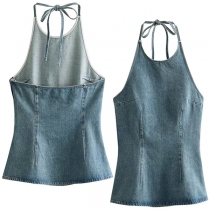 Sexig halterneck rygglös gammaltvättad jeansskjorta
