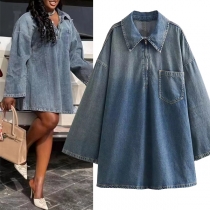 Fashion Stand Krage Långärmad Halvdragkedja Lös Skjorta/Miniklänning