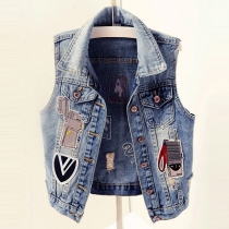 Patchwork denim kort väst med slitningar