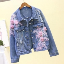 Broderad tredimensionell blommig denimjacka