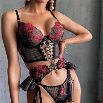 Röd och svart genomskinlig spets sexig costume med broderi