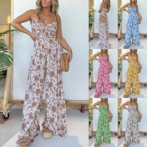 Modeblommig tryckt V-ringad högväxt jumpsuit med vida ben