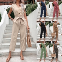 Mode enfärgad knapp V-ringad ärmlös jumpsuit