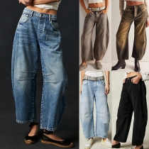 Casual gammaltvättade jeans i rakt snitt med medelhög midja