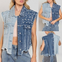 Pärlstativ Punktmode, Ärmlös Fransig Hemline Kontrastfärgsdetalljer Denimväst