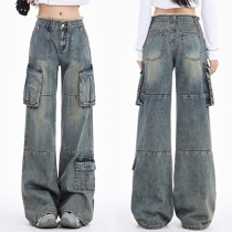 Street Fashion Lösa gammaltvättade jeans med sidolappade fickor