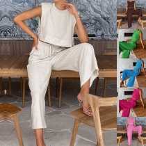Bomull och linne tvådelat set med Crop Top och byxor med dragsko