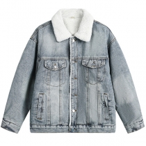 Vintage långärmad jeansjacka i gammaltvättat tyg med plyschfoder för herrar