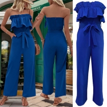 Sexigt Ruffle Strapless Jumpsuit med självknutning i rakskuren stil