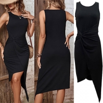 Mode rund hals ärmlös knuten ruched oregelbunden nederkant Klänning med Bodycon passform