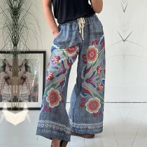 Denim Stora Blomfickor Lösa Avslappnade Byxor